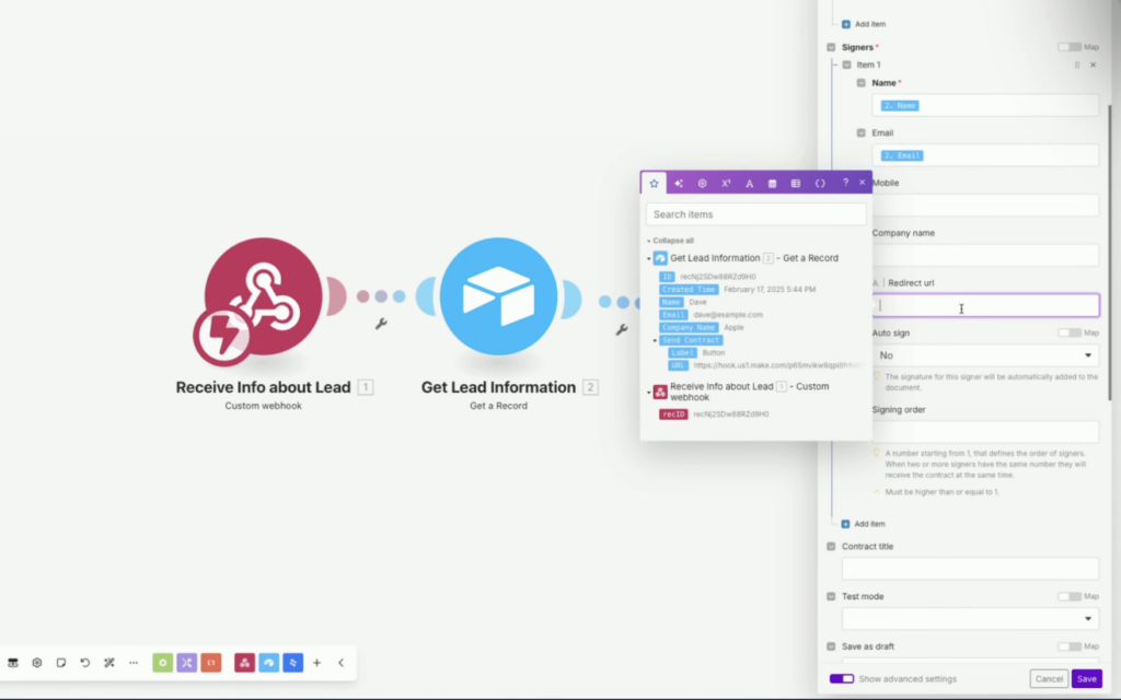 ejemplo de escenario en make de automatización de contratos con API Firmafy
